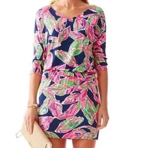 Lilly Pulitzer Cara Dress Bright Navy In The Vias‎ Tropical Leaf Print XL NWT